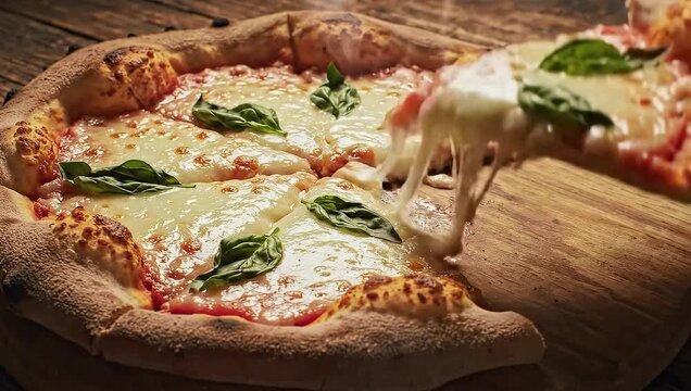 Hot Pizza Slice with Stretching Melted Mozzarella Cheese, Delicious Italian Cuisine Concept on Bright Background