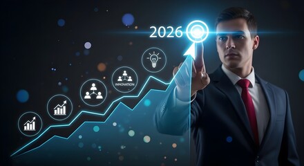 Businessman pointing at a futuristic glowing graph indicating business growth and success towards the year 2026 with icons