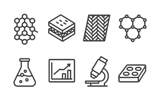 Nanotech Icons Array. Advanced Materials linear icon set: nanostructure, composite panel, carbon fiber, graphene sheet, chemical beaker, data chart, microscope lens, sample tray.