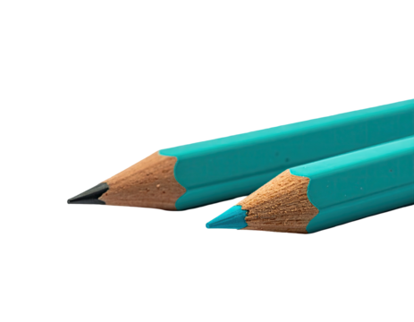 Two teal pencils, one pointed, one newly sharpened