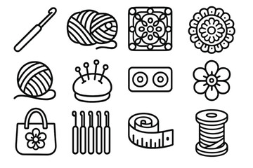 Crochet Craft Icons. Crochet Craft linear icon set: crochet hook, yarn skein, granny square, doily, lace thread, pincushion, stitch counter, flower motif, tote bag, hook set, tape
