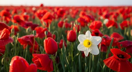 Obraz premium Stunning poppy field with vibrant red blossoms and single white flower