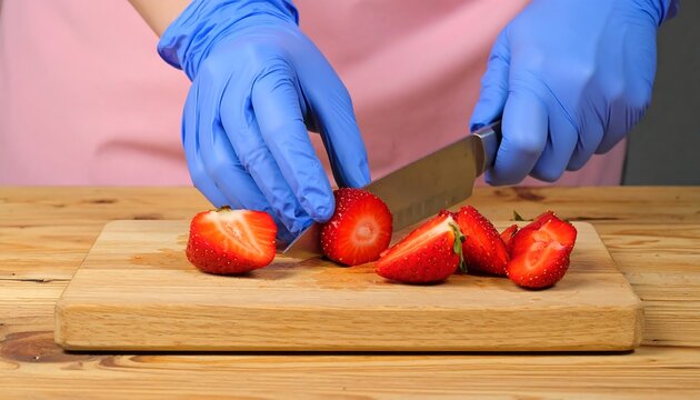Slicing Fresh Strawberries with Gloves on a Wooden Board.