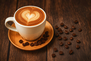 Obraz premium Tazza di cappuccino con disegno a cuore nella schiuma e chicchi di caffè su tavolo di legno. Generative AI