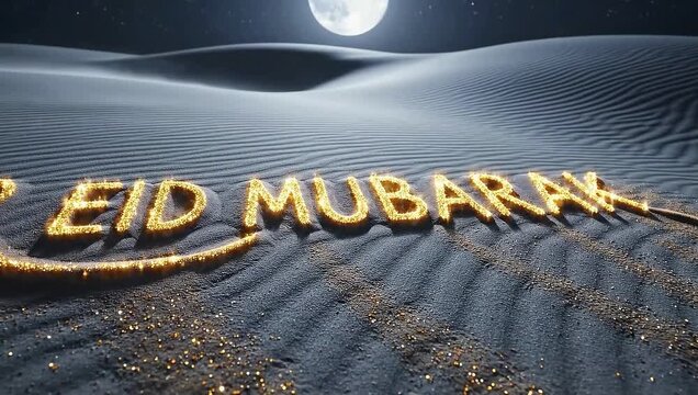 Glowing Eid Mubarak Text on Desert Dunes Under Moonlight, Islamic Celebration Concept with Elegant Night Atmosphere