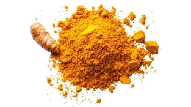 Turmeric scattered powder with bright yellow color and fine texture showing natural spice ingredient, isolated on white background