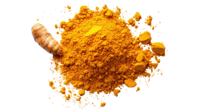 Turmeric scattered powder with bright yellow color and fine texture showing natural spice ingredient, isolated on white background
