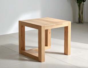 A simple, natural wood square stool stands in a bright room