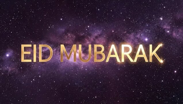 Golden Eid Mubarak Text on Starry Galaxy Background, Islamic Celebration Concept with Elegant Typography