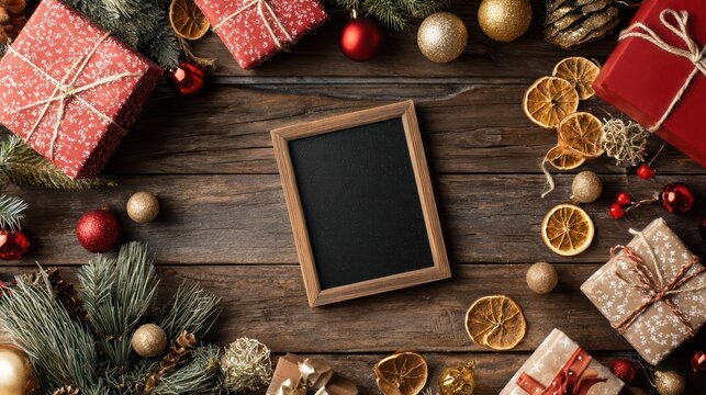 Festive christmas flat lay with blank chalkboard surrounded by gifts ornaments pine cones and dried oranges on wood - Powered by Adobe