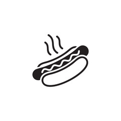 Hot Dog Icon Simple Black Glyph, Steaming Sausage in a Bun with Mustard, Vector Illustration for Fast Food Logo.