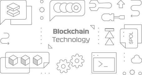 Modern blockchain technology stack icons. Web3 tools, crypto coins, development workflow, gears, contract, cloud mainnet, nodes and finance symbol. Minimal line art. Fintech tech crypto DEX exchange