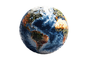 Pixelated Earth globe with continents and oceans against black background planet world