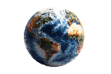 Pixelated Earth globe with continents and oceans against black background planet world