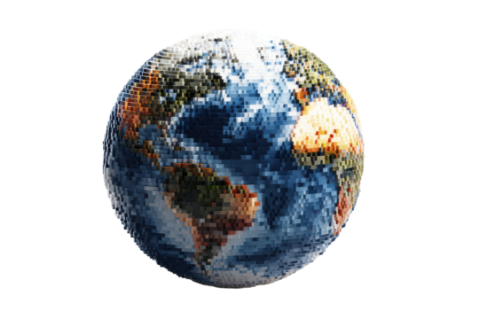 Pixelated Earth globe with continents and oceans against black background planet world