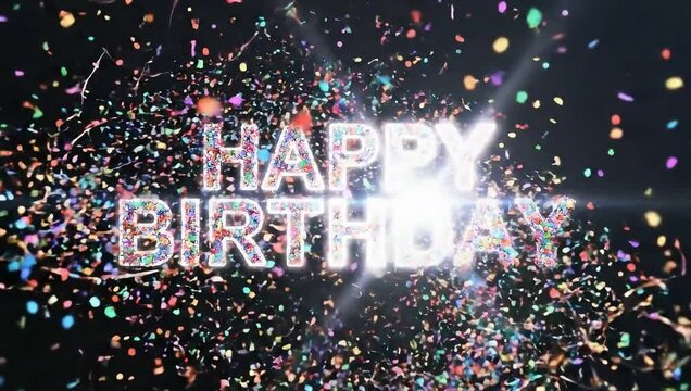 Colorful Confetti Explosion Forming &lsquo;Happy Birthday&rsquo; Text, Celebration Concept with Bright Colors on White Background