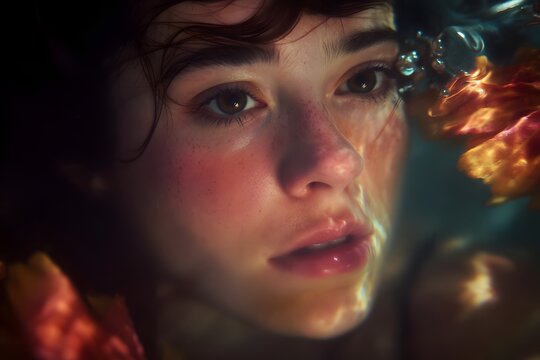 Close up of a woman's face with freckles submerged in water with flowers