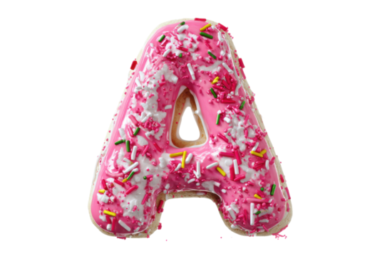 Pink iced letter A donut with white and colorful sprinkles on black alphabet - Powered by Adobe
