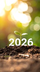 A small sprout emerges from the soil, with a "2026" graphic positioned in front. The background is blurred sunlight and foliage