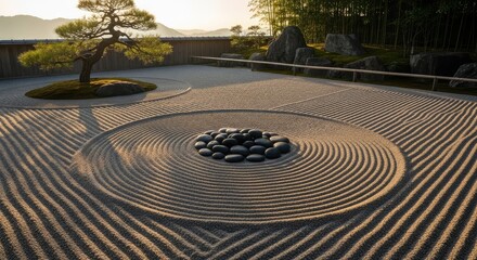 Fototapeta premium Zen garden featuring raked gravel with stones and a solitary tree