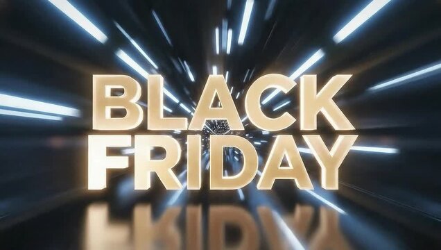 Black Friday Text with Light Tunnel Effect, Glowing Typography, Sale and Shopping Concept on Dark Background