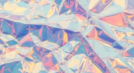 Abstract texture of highly reflective metallic foil, crinkled and showing a vibrant, multicolored holographic sheen