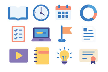 Self-Paced Learning Icons. Self-Paced Learning flat icons: open book, clock icon, calendar, progress ring, checklist, laptop, goal flag, document file, video play, notebook,