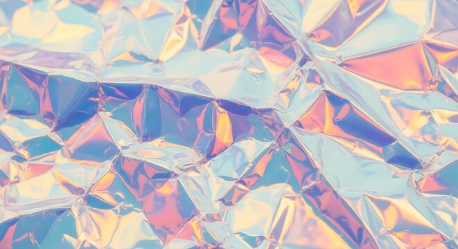 Abstract texture of highly reflective metallic foil, crinkled and showing a vibrant, multicolored holographic sheen
