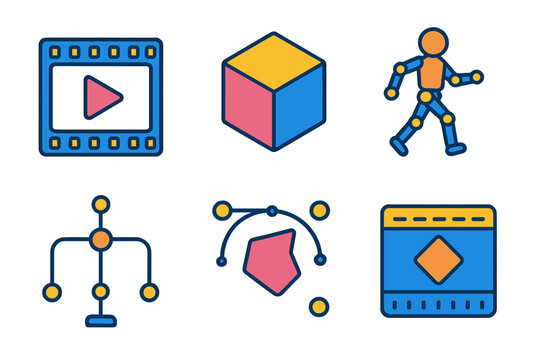 Isometric Animation Icons. Animation Styles modern flat icons set: 2D frame, 3D cube, stop-motion figure, puppet rig, vector shape, keyframe icon.