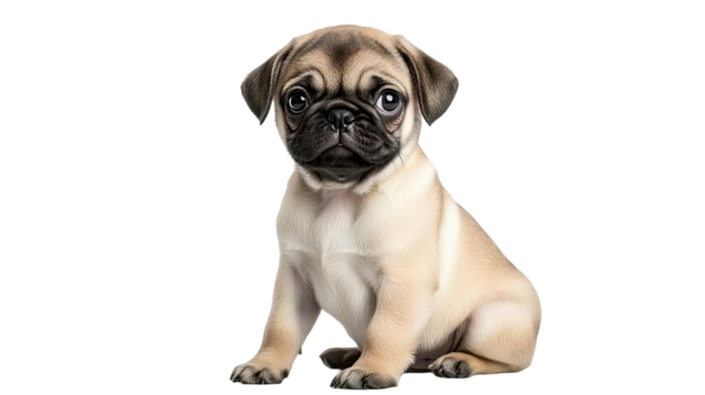 Cute puppy sitting with soft fur and adorable expression showing young dog in relaxed pose, isolated on white background