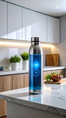 A stainless steel water bottle with blue, glowing internal components sits on a kitchen countertop. The background shows cabinets and some vegetables