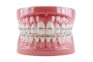 Dental model with metal braces on white teeth against black background image