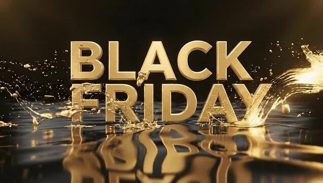 Golden Black Friday Text with Liquid Splash Effect, Shiny Typography, Sale and Shopping Concept on Dark Background
