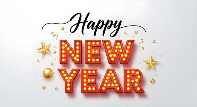 Bright illuminated marquee letters spell happy new year with festive confetti and golden ornaments on a white background