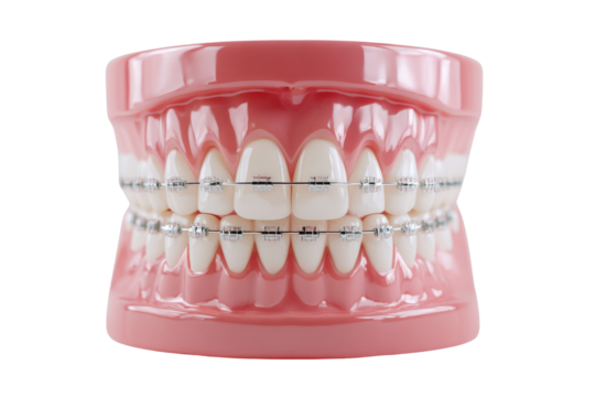 Dental model with metal braces on white teeth against black background image