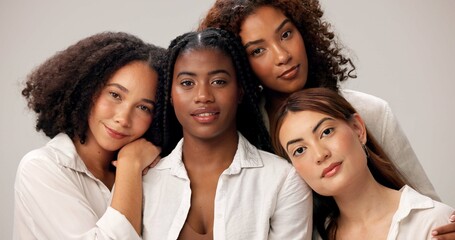 Obraz premium Group, fashion and portrait of women in studio with bonding, smile or community together. Female empowerment, solidarity and girl friends with casual style for confidence by white background.