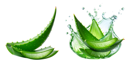 Set of Aloe Vera Leaves in Liquid Splash isolated on transparent background
