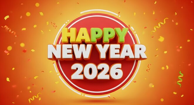 Festive 3d 2026 happy new year text with confetti and sparkles on a vibrant orange background - Powered by Adobe