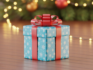 Festive hexagonal blue gift box wrapped with red ribbon for holidays