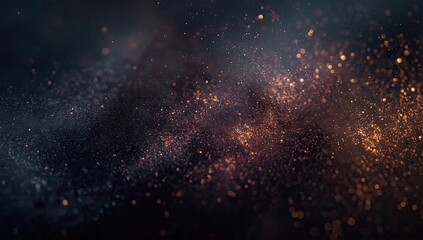 Sparkling golden particles and scattered lights emanate from a dark, ethereal background, creating a visually captivating abstract composition that evokes a sense of mystery, magic, and celestial...