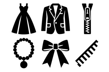 Brutalist Fashion Icons. Modern Couture silhouette icon set: gown, suit jacket, zipper, jewelry, ribbon, stitch line.