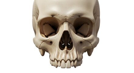 Obraz premium Close up front view of a human skull isolated on a white background with detailed bone structure