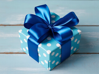 Teal gift box wrapped with large blue satin ribbon in elegant style