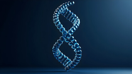 3D Render of a Glowing Blue Glass DNA Double Helix Against a Dark Background