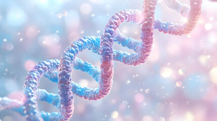 3D Render of a Glowing DNA Double Helix in a Pastel Pink and Blue Background
