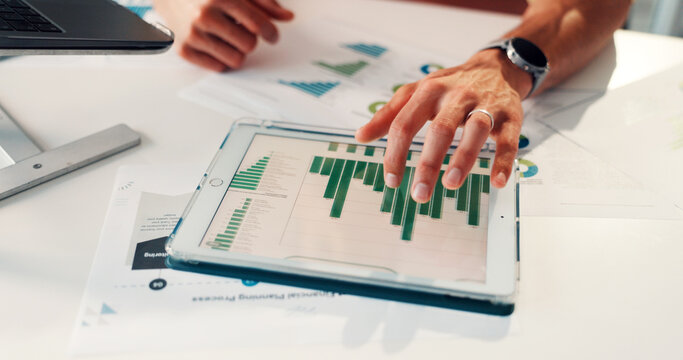Hands, tablet and screen with graphs, revenue and review for company sales or data analysis in office. Tech, research and person with statistics, report and profit with ui and business analytics