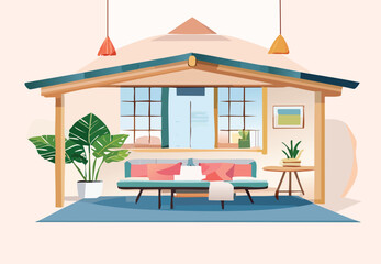 Serene living room interior with cozy sofa, plants, and natural light, perfect for lifestyle, home decor, and relaxation concepts from a vector design