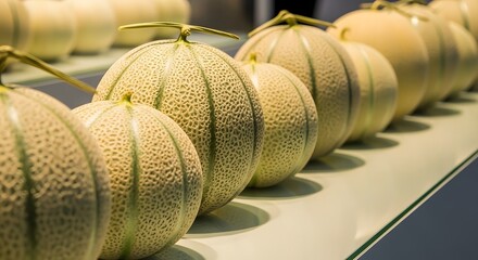 Freshly harvested, perfectly ripe cantaloupe melons meticulously arranged in a pristine row, showcasing their unique netted skin texture on a clean display or conveyor belt