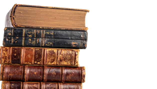 Set of Antique Hardcover Books in Pile isolated on transparent background