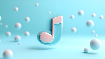 3D Render of a Pastel Pink and Light Blue Musical Note Among White Spheres